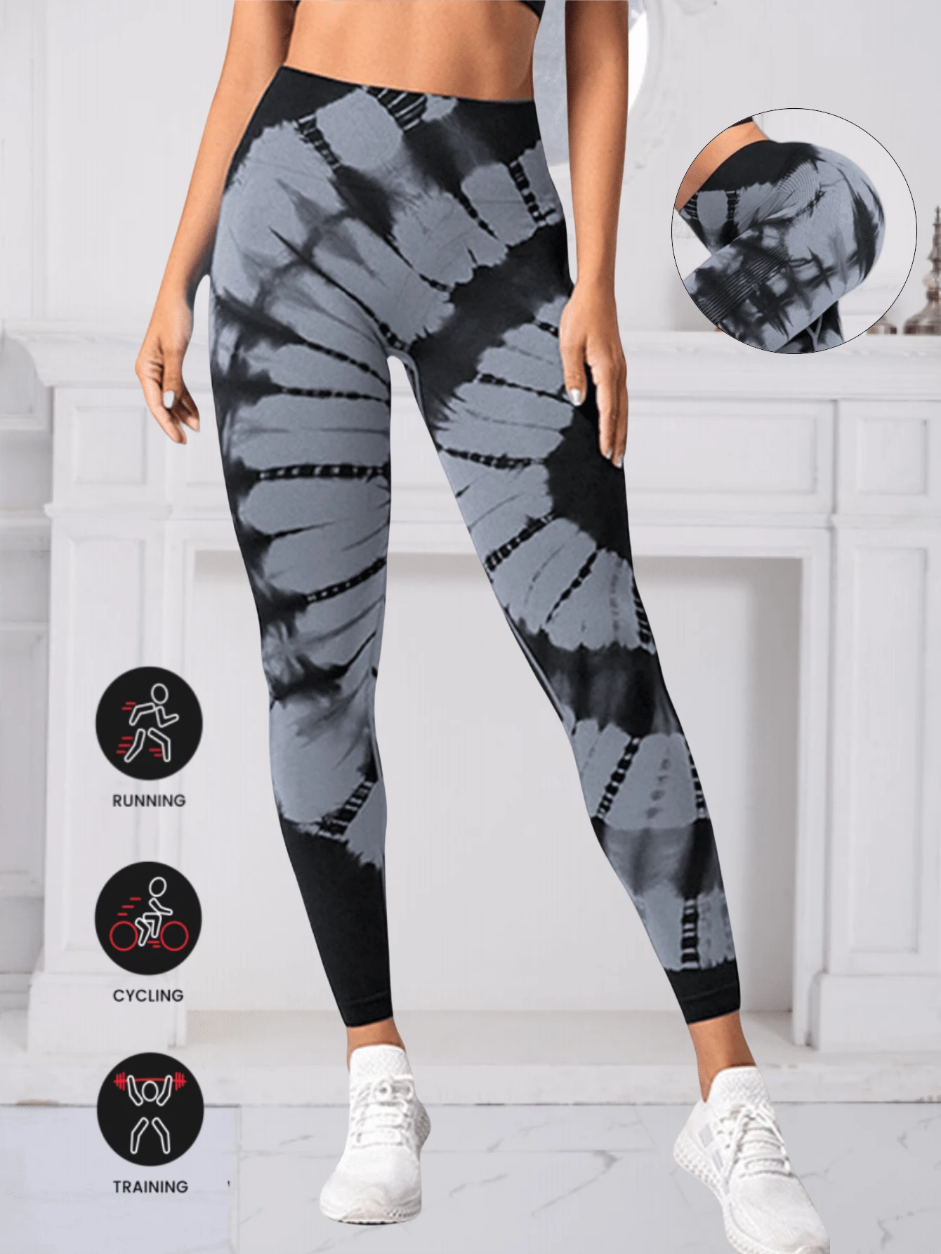 女式无缝紧身裤健身瑜伽裤高腰扎染紧身裤健身紧身提臀运动健身紧身裤女士 - 灰色 - 查看 1