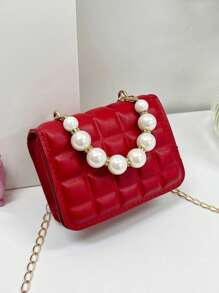 1pc PU Magnetic Closure Minimalist Square Mini Pearl Handbag, Korean Chic Chain Shoulder Crossbody Bag, Comfortable Smooth Strap, Versatile For Daily Commute And Leisure, Ideal For Shopping And Gift Giving - Pearl Handbag - View 3