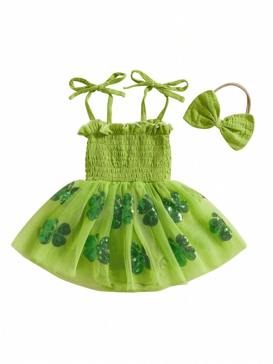 Baby Girls Sleeveless Romper Dress Casual Irish Day Sequin Clover Print Jumpsuit And Headband Set Fashion Clothes