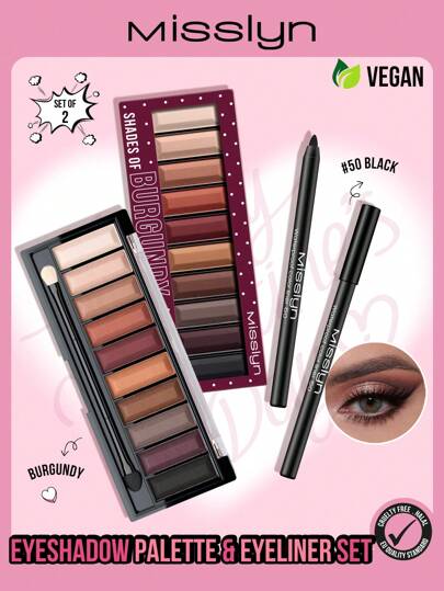  MISSLYN-Eyeshadow Palette & Eyeliner Set, Pigmented Matte & Shimmer Shades, Long Lasting, Blendable Powder, Natural Colors, Rich Colors With Velvety Texture, Eyeshadow Palette Includes Applicator, Intense Color Liner, Creamy, Eyeshadow & Eyeliner Pencil, Sharpenable Eyeliner Pencil