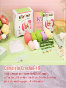 1 Set Crochet Flower Bouquet Craft Kit For Beginners, Handmade Rose Flower Yarn Arts & Crafts, DIY Knitting Materials Pack With Basic Accessories And Instructions, Holiday Gift