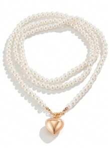 1 pieza Collar multicapa con colgante de corazón hueco de perla, gargantilla versátil
