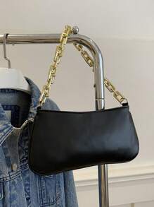 1pc Pu Zipper Closure Fashionable Thick Chain Handbag, Ins Korean Exquisite Large Capacity Chain Shoulder Underarm Bag, Comfortable Shoulder Strap, Smooth And Versatile, Suitable For Daily Outings, Play, Use As A Perfect Gift For Girls