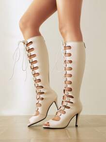 High Boots Hollow Mesh Open Toe Sexy Stiletto Heeled Zipper Closure Gladiator Sandals For Women - Baby Pink - View 3