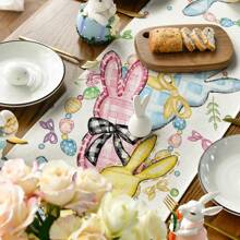 1pc/1set Crayon Drawing Rabbit Linen Placemats, Seasonal Kitchen Table Decor For Party, Banquet, Family Gathering, 12"X18"/13"X72" - Multicolor - View 7