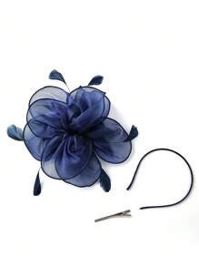 女士茶会头饰，配有丝带和发夹 - 藏蓝色 - 查看 4