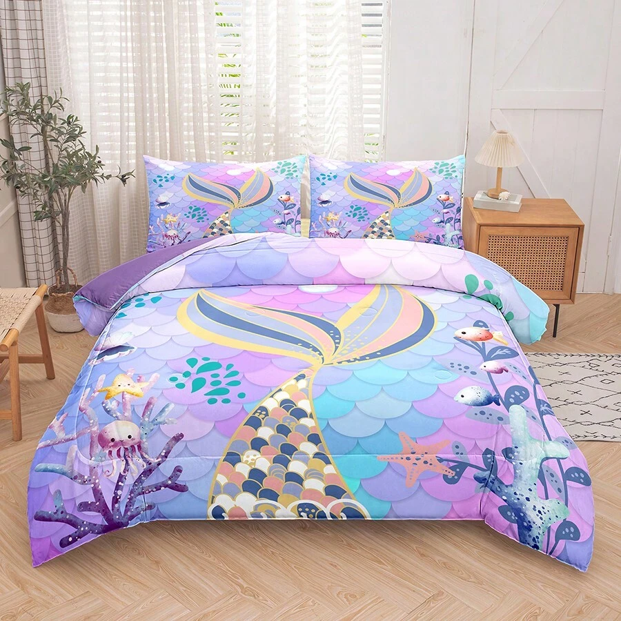 Mermaid Tail Bedding Sets,Teal Purple Mermaid Comforter Set For Kids,Twin/Full Size Comforter Sets For Girls,Colorful Glitter Bedding Set - Purple - View 1