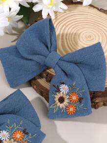 2 piezas Lazos para el cabello con bordado azul para niñas, Pasadores para el cabello con bordado de flor para niños, Pinzas de caimán de tela suave de color sólido, Accesorios para el cabello de niños - Multicolor - Ver 4
