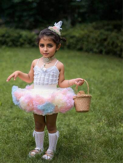 夏季少女TUTU裙全网眼宽腰芭蕾舞者芭蕾可爱公主蛋糕蓬蓬裙，冰淇淋色
