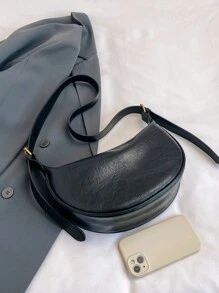 大容量时尚休闲小众设计简约纯色拉链单肩斜挎马鞍包通勤包 - 黑色 - 查看 3