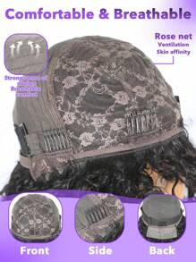 无胶水波人发假发，带刘海，100% 未加工巴西原生发，全机器制造，无蕾丝前假发，女士卷发波浪假发，带刘海，150% 密度 - Natural Black - 查看 4