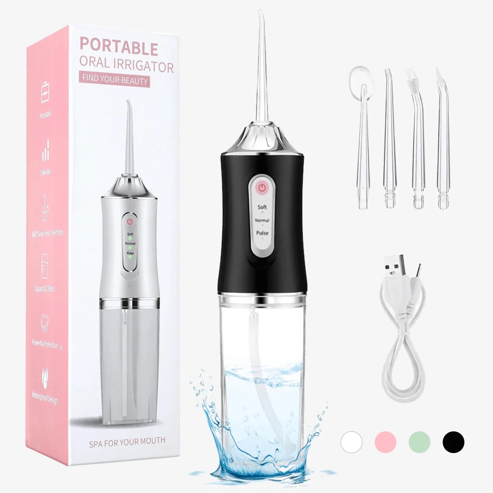 Electric Water Flosser Set(Added Painting And Electroplating Process), Cordless Oral Irrigator, 4 Jet Tips, 360 Degree Rotatable Nozzle, For Men And Women Daily Teeth Care And Gum Cleaning, Ideal For Holiday Gifts - 黑色 - 查看 1