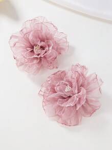 2pcs Girls Faux Chiffon Ruched Floral Hair Clips, Deep Pink Color, Suitable For Daily Wear, Spring/Summer - Pink - View 3