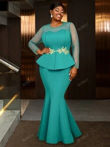 Plus Size Long Party Mermaid Dresses Sheer Mesh Sleeves Patchwork 3D Embroidered Lace Party Peplum Evening Birthday, Wedding Guest Dress, Formal Dress,Gown