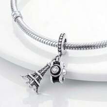 Easvnya 1pc Stylish Silver-Plated Camera And Eiffel Tower Pendant, 3D Design Elegant & Fashion, DIY Jewelry Making Kit Suitable For Bracelets And Necklaces, Fashionable Women Seeking Unique Style, Everyday Wear Or Special Occasions, Valentine's Day Or Birthday Gift - Silver - View 3