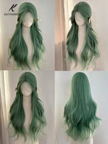 KATHARINE (Excluding Accessories)26 Inches Long U Part Lace Synthetic Heat-Resistant Hairpiece In Wavy Green Wig, Made From Fiber, Suitable For Daily Use Halloween Party - 橄欖綠 - 查看 3