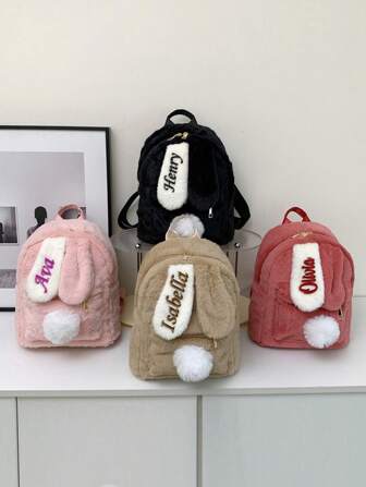 Customizable Bunny Ear Design Backpack, Embroidered With Name, Cute Plush Crossbody Bag, Large Capacity Backpack For Teens, Back To School Gift, Creative For Boys And Girls, Valentine's Day, Multi-Functional, Ornamental, Letter, Stylish, Soft, Modern, Colorful, Kawaii, Adorable, Cute, Casual, Custom, Personalized, Unique, Customized, Baby Gifts, Ideal Gifts For Him, Ideal Gifts For Her, Son, Daughter,Christmas Gift Supplies