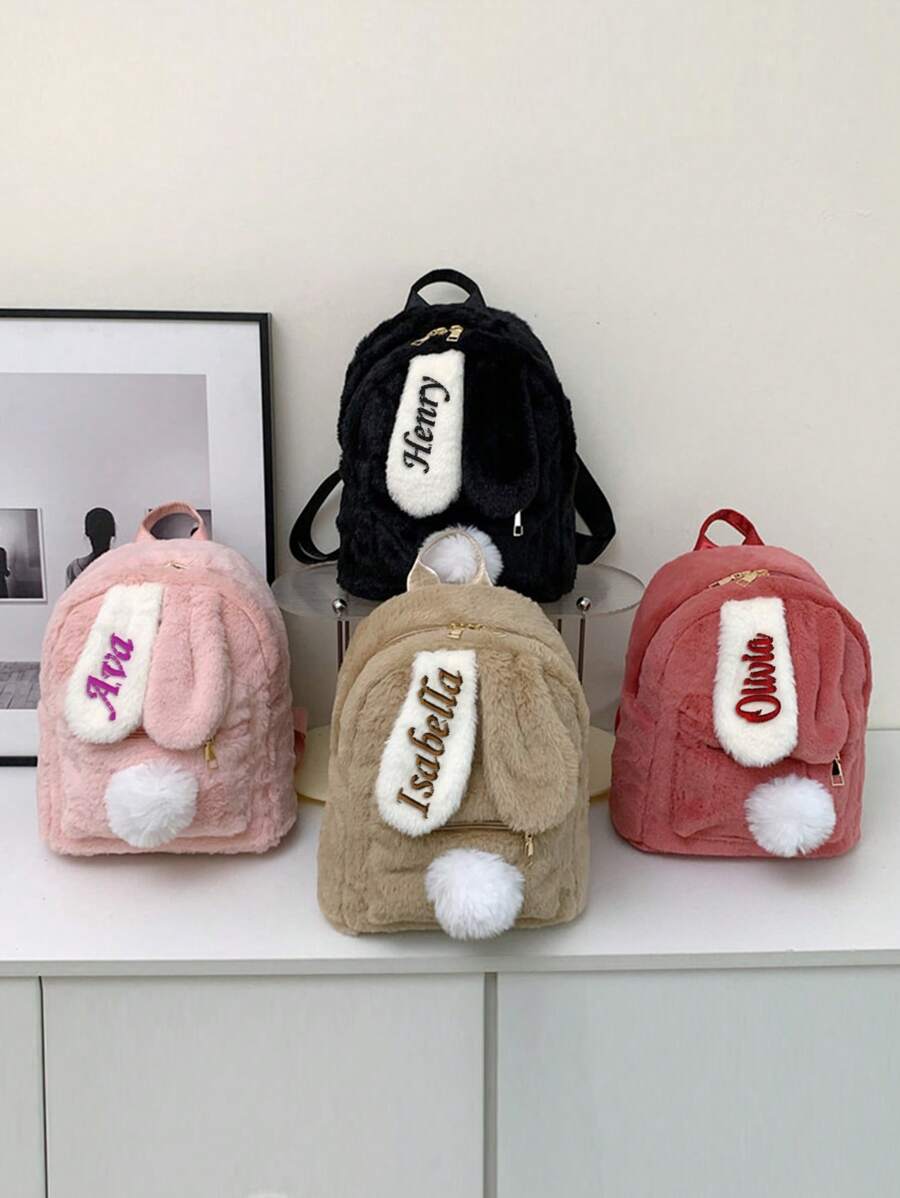 Personalizowany plecak z uszami króliczka, haftowane imię, słodka pluszowa torba na ramię, plecak o dużej pojemności dla nastolatków, prezent na powrót do szkoły, kreatywny dla chłopców i dziewcząt, walentynki, wielofunkcyjny, ozdobny, list, stylowy, miękki, nowoczesny, kolorowy, kawaii, uroczy, słodki, swobodny, niestandardowy, spersonalizowany, wyjątkowy, dostosowany, prezenty dla dziecka, idealne prezenty dla niego, idealne prezenty dla niej, syn, córka