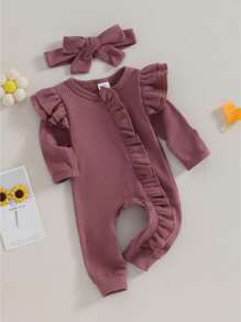 Infant Girl Autumn Jumpsuit Solid Color Round Neck Flying Sleeve Ruffled Zipper Romper With Bow Headband - Red - View 1