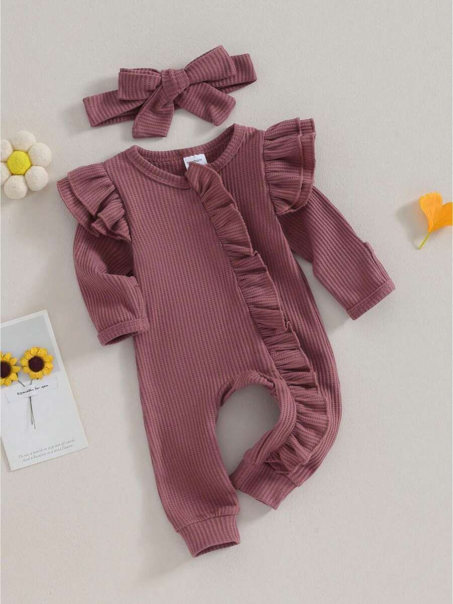 Infant Girl Autumn Jumpsuit Solid Color Round Neck Flying Sleeve Ruffled Zipper Romper With Bow Headband - Red - View 1