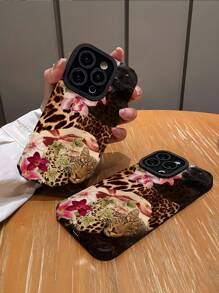 1 szt. Vintage Leopard Flower Design Pionowy pasek ze sztucznej skóry, odporny na wstrząsy miękki futerał na telefon, kompatybilny z iPhone'em i 15/15 Plus/15 Pro/15 Pro Max