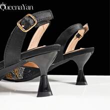 QueenYan 女款尖頭晚宴鞋包套組 極簡時尚高跟涼鞋搭配長款硬挺手拿包 - 黑色 - 查看 5