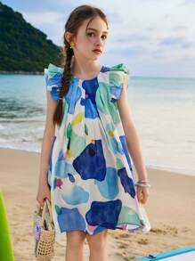 ASK JUNIOR Vestido de playa sin mangas con estampado integral para niñas preadolescentes