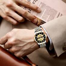 BIDEN 男士机械表，时尚商务自动机械表，镂空夜光表盘，不锈钢表带，男士防水机械表 - 均碼 - 查看 8