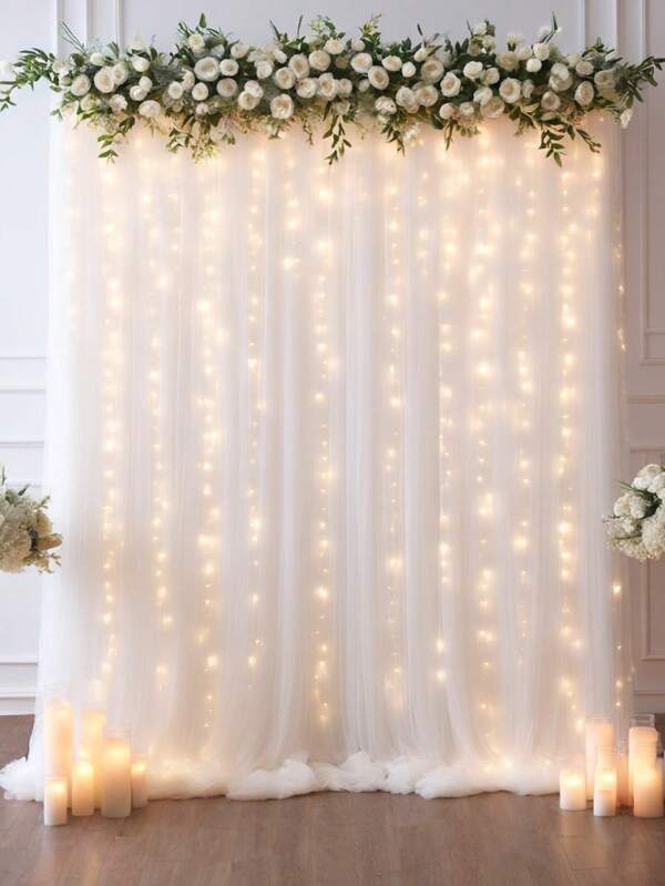 10*10ft White Tulle Backdrop Curtain Or Curtain With Lights String For Parties, Sheer Curtain Backdrop Drapes For Wedding Party Home Decorations Summer Birthday Gifts Beach Back To School School Supplies Room Decor