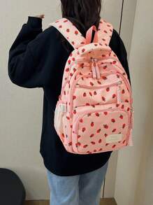 Bộ 3 chiếc ba lô nhiều ngăn gấp gọn bằng vải nylon màu trơn phong cách tươi mới thường ngày họa tiết dâu tây, nơ, anh đào, khóa kéo jacquard, dung tích lớn, thích hợp cho nữ mặc hàng ngày, sinh viên đại học, đào tạo, đi học, mua sắm, du lịch - Hồng - Xem 9