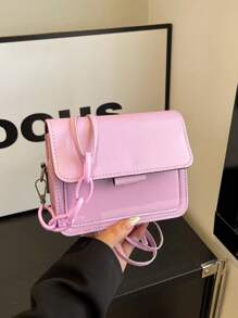 1pc Pu Fashion Bag For Girl Ins Versatile Wide Strap Small Square Bag Fashionable Retro Shoulder Messenger Bag, Candy Color Solid Color Bag, Flip Magnetic Buckle Design, Spliced Chain Shoulder Strap, Suitable For Girls' Daily Use, Travel, Fashionable And Versatile Square Bag Shape, It Is A Good Choice For Giving Gifts - Solid Color Crossbody Bag - View 7