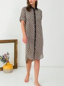 Short-Sleeved Shirt Dress Front Buttons Mid-Length Sleeves Cuffs Can Be Turned Up To Form Short Sleeves - Black - View 1