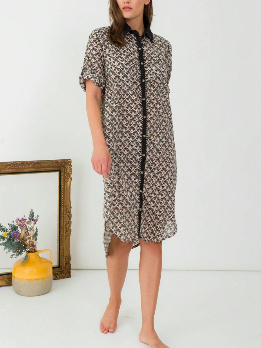 Short-Sleeved Shirt Dress Front Buttons Mid-Length Sleeves Cuffs Can Be Turned Up To Form Short Sleeves - Black - View 1