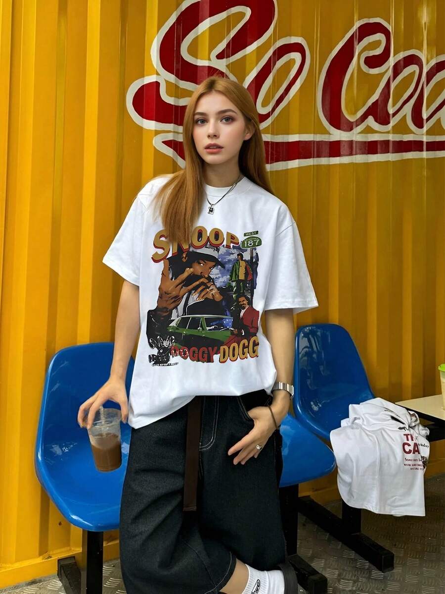 maglietta estiva casual da donna a maniche corte con stampa di auto d'epoca e uomo di hip-hop