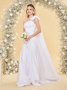 Proste satynowe asymetryczne suknie ślubne z odkrytymi ramionami, długie z kokardą dla kobiet, tren z opadającymi ramionami, suknie balowe z falbaniastym dołem, linia dekoltu, sznurowane plecy, linia A, panna młoda - Biały - Zobacz 6