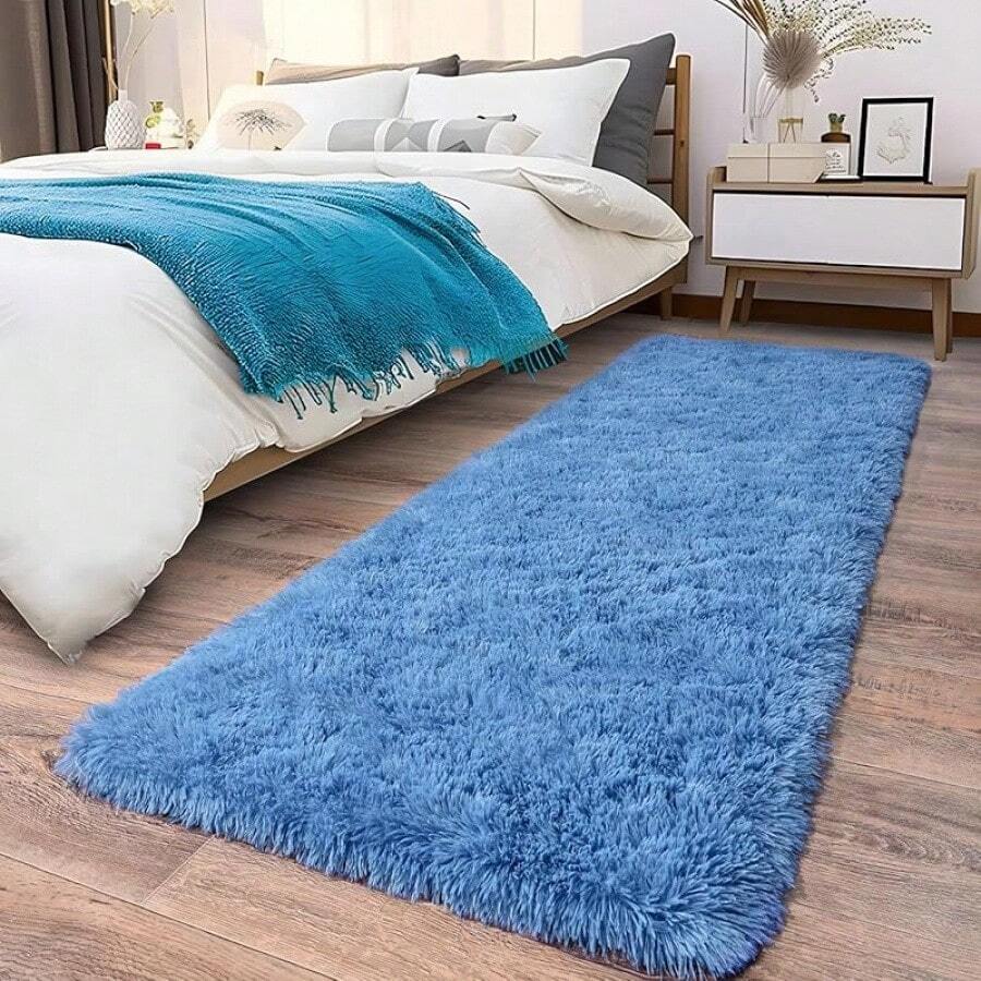 Soft Fluffy Shag Throw Area Rug, 2x4 Black, Non-Slip Bedroom, Hallways, Bedside, Dorm, Living Room - Long Shaggy Rug - Biru Kobalt - View 1