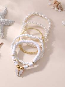 5pcs Luxurious Faux Pearl & Bead Butterfly, Heart Pendant Multilayer Anklet For Teens & Kids, Casual & Holiday