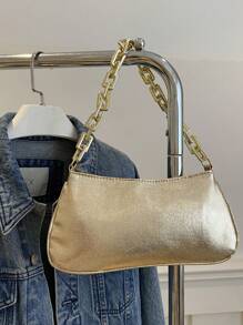 1pc Pu Zipper Closure Fashionable Thick Chain Handbag, Ins Korean Exquisite Large Capacity Chain Shoulder Underarm Bag, Comfortable Shoulder Strap, Smooth And Versatile, Suitable For Daily Outings, Play, Use As A Perfect Gift For Girls