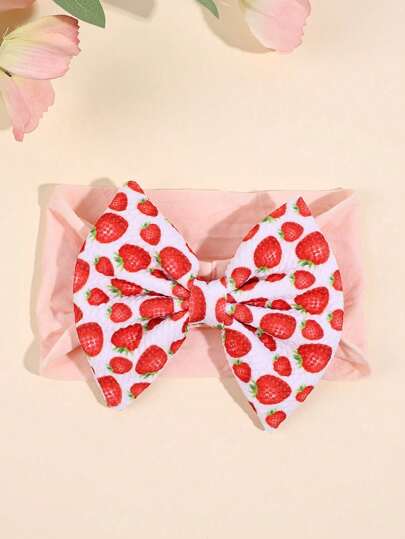 1 件装草莓图案婴儿头带 可爱草莓发带 婴儿发饰 新生儿柔软弹力发带 弹性水果印花蝴蝶结头巾 弹簧头饰 儿童婴儿发饰