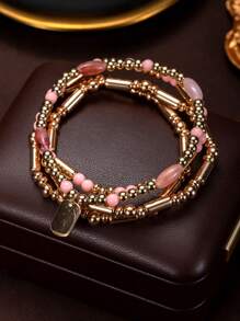 1 套个性化心形珠子和金属链装饰手链和腕带首饰套装，适合女士 - 彩色 - 查看 2