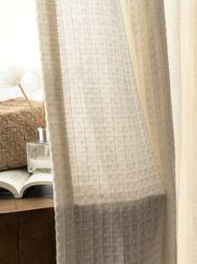 1pc Bohemian Checkered Linen Curtain, Sheer Floral Patterned Boho Style Curtain, Transparent Room Divider Curtain For Bedroom, Living Room, Home Decor, All Season