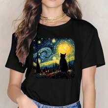 1pc/ 2pcs/3pcs Starry Night Cat Heat Transfer Printing Patch, Mixed Color Vinyl Animal Printing Patch, Suitable For DIY Fashion, Perfect Gift For Cat Enthusiasts, Compatible With Shirts, Jeans, Bags, Cat Clothes