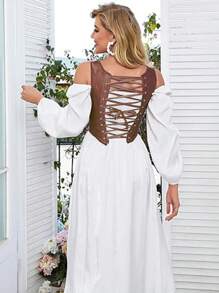 Alivila.Y Fashion Womens Vintage Asymmetrical Hem Overbust Corset Tie Front Lace-Up Back Bustier Shapewear Top - 棕色 - 查看 5