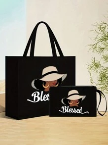 Bộ túi tote in chữ, bao gồm túi tote và túi đựng mỹ phẩm, túi tote nhẹ, dung tích lớn, có dây đeo ví, túi mua sắm bằng vải bố tái sử dụng, túi du lịch biển di động, kèm túi đựng mỹ phẩm, lý tưởng cho tiệc cưới, quà tặng phù dâu, quà sinh nhật, quà Ngày của Mẹ (hướng dây đeo ngẫu nhiên), hoàn hảo cho kỳ nghỉ biển và những dịp lễ cần thiết. - màu đen - Xem 5