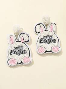 1 Pair Fashionable Easter Day Earrings With Beads, Sequins And Embroidered Eggs And Rabbits Design For Women