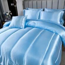 Satin Bed In A Bag 8 Pieces King/Queen Size Silk Like Baby Blue Comforter Set Luxury Silky Bedding Set Soft Lightweight Comforter Set Cooling Sheet Set - Màu xanh nhạt - Xem 3