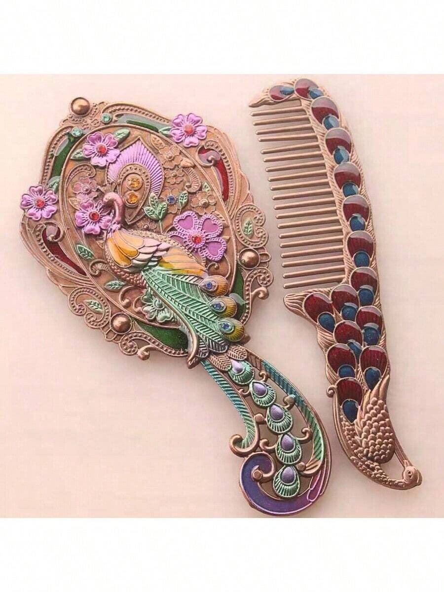 Vintage Beautiful Handle Mirrors With Comb Girl Student Handheld Makeup Mirror Princess Cosmetic Mirror Oval Mirror