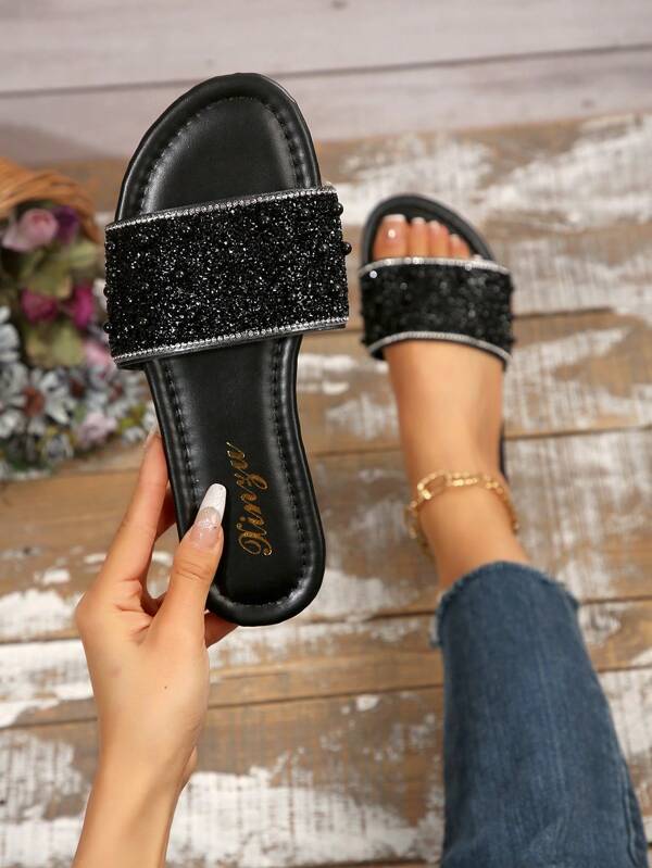 Women's One-Toe Rhinestone Decorated Sandals, Summer Casual Versatile Outdoor Flat Plastic Slippers