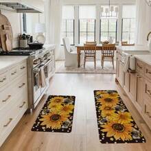 1pc Black Kitchen Rug - Spring Sunflower Pattern, Polyester Non-Slip Soft Lightweight Carpet, Suitable For Entryway, Laundry Room, Bedroom, Rectangular Machine Washable Mat, Ideal Home Decor For All Seasons - Multicolor - View 6