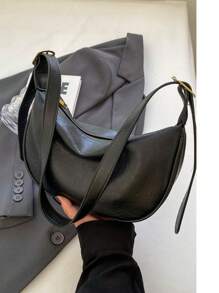 大容量时尚休闲小众设计简约纯色拉链单肩斜挎马鞍包通勤包 - 黑色 - 查看 6